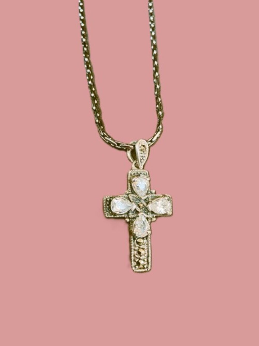 Sterling Silver Cross Pendant with CZ & Marcasite Pendant & Chain